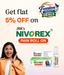 Promotional banner for Nivrex Pain Roll On featuring a woman holding a product box, with text reading 'Get flat 5% OFF on' and Nivrex branding on the box and tube.