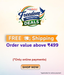 Promotional banner with the Caredura logo and text offering a Freedom Month Deals, free shipping, and an order value above —499, with a Shop Now button on a light gradient background.