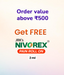 Promotional banner for Nivorex Pain Roll-On, showing the product box and 2 ml roll-on bottle on the right, with text reading 'Order value above 500rs,' 'Get FREE,' and 'JRK's NIVOREX PAIN ROLL ON 2 ml' on a pale peach background.